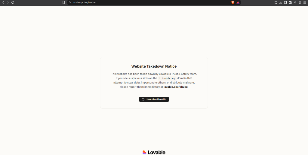 Official Website Takedown Notice for scarletvqc.dev